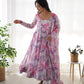 Lorenvalley Fashion Women Pure Soft Organza Silk Print Fully Flair Anarkali With Pent Dupatta Set - Pink | Swadesiicart