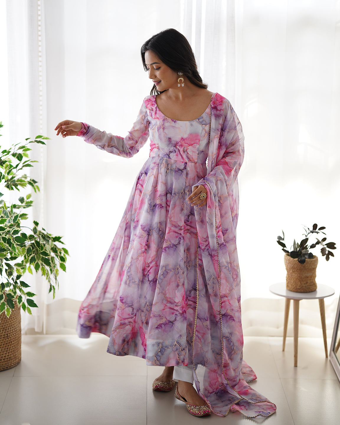 Lorenvalley Fashion Women Pure Soft Organza Silk Print Fully Flair Anarkali With Pent Dupatta Set - Pink | Swadesiicart