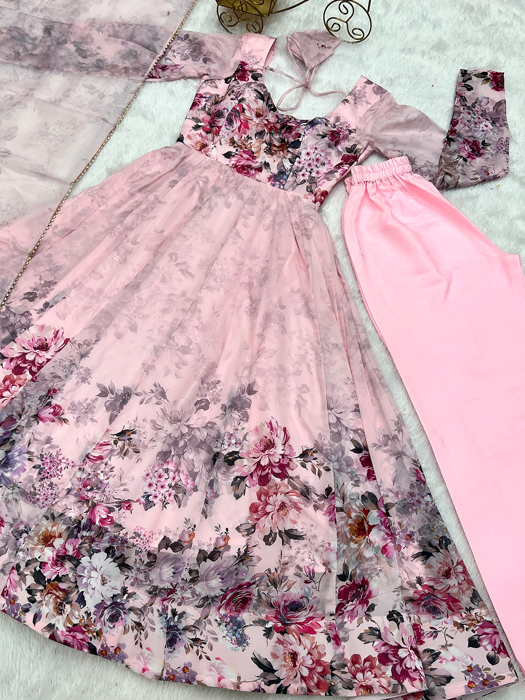 Lorenvalley Fashion Women Pure Soft Organza Silk Floral Print Fully Flair Anarkali With Pent Dupatta Set - Pink | Swadesiicart