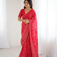 Lorenvalley Fashion Pink Solo Georgette Superb Finishing Foils Print & Fancy Zalar Lace in Border Saree with Blouse - Swadesiicart