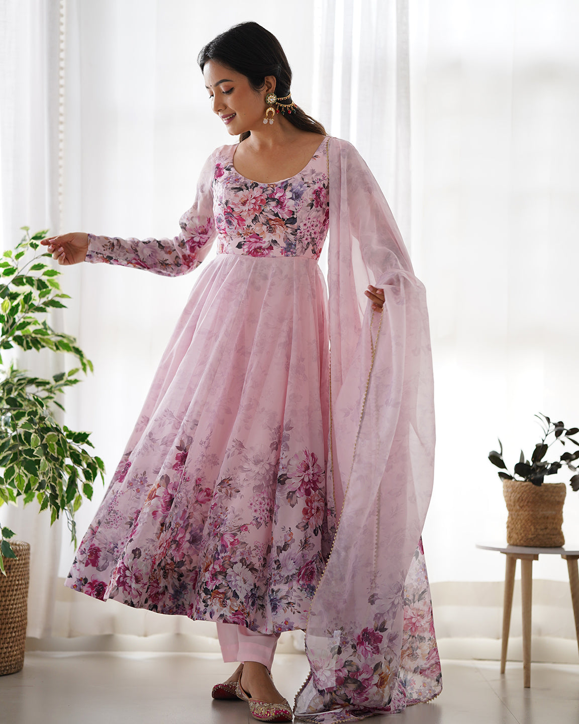 Lorenvalley Fashion Women Pure Soft Organza Silk Floral Print Fully Flair Anarkali With Pent Dupatta Set - Pink | Swadesiicart