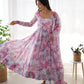 Lorenvalley Fashion Women Pure Soft Organza Silk Print Fully Flair Anarkali With Pent Dupatta Set - Pink | Swadesiicart