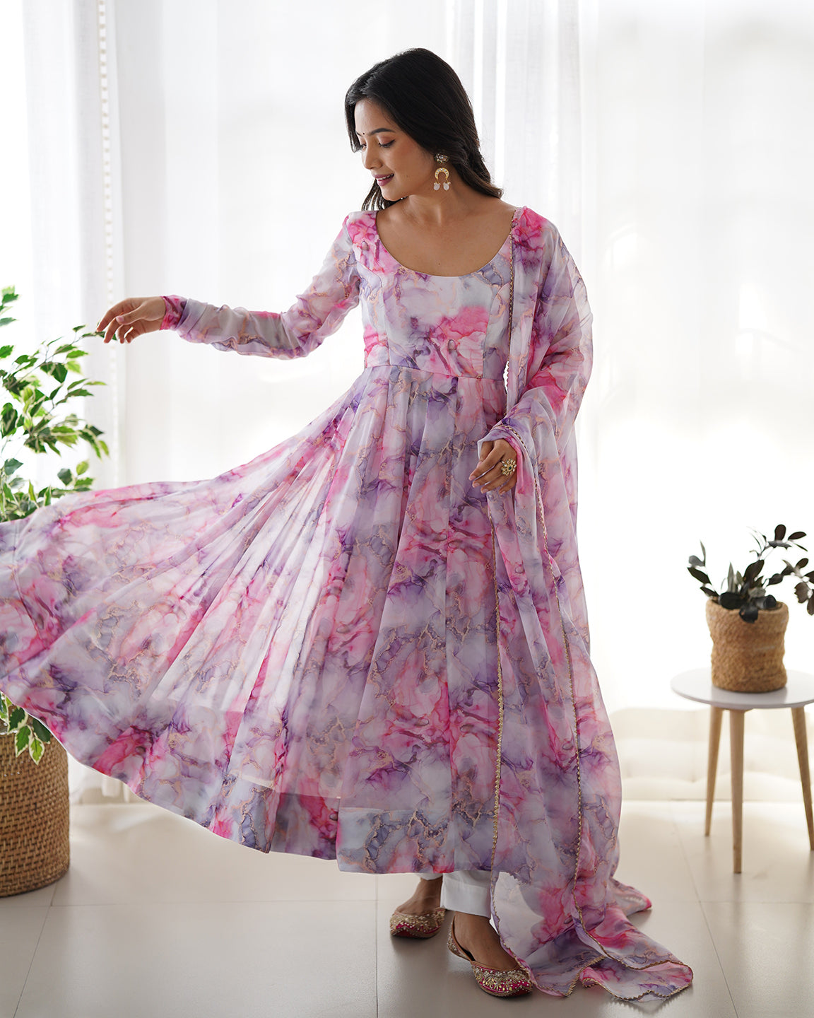 Lorenvalley Fashion Women Pure Soft Organza Silk Print Fully Flair Anarkali With Pent Dupatta Set - Pink | Swadesiicart