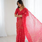 Lorenvalley Fashion Pink Solo Georgette Superb Finishing Foils Print & Fancy Zalar Lace in Border Saree with Blouse - Swadesiicart