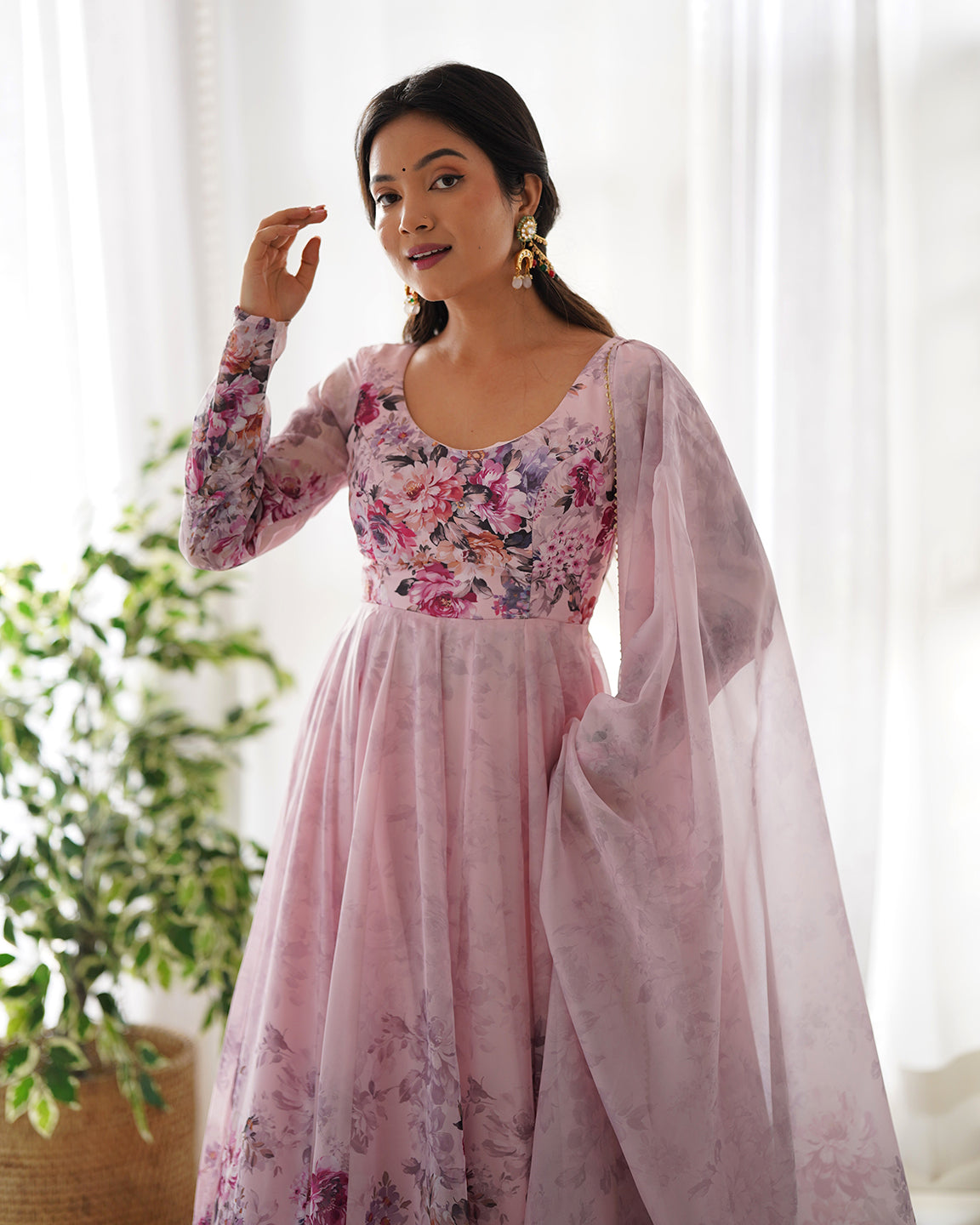 Lorenvalley Fashion Women Pure Soft Organza Silk Floral Print Fully Flair Anarkali With Pent Dupatta Set - Pink | Swadesiicart