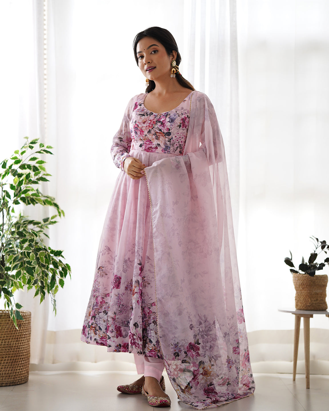 Lorenvalley Fashion Women Pure Soft Organza Silk Floral Print Fully Flair Anarkali With Pent Dupatta Set - Pink | Swadesiicart