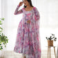 Lorenvalley Fashion Women Pure Soft Organza Silk Print Fully Flair Anarkali With Pent Dupatta Set - Pink | Swadesiicart