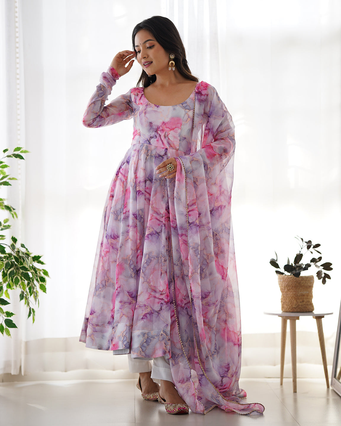 Lorenvalley Fashion Women Pure Soft Organza Silk Print Fully Flair Anarkali With Pent Dupatta Set - Pink | Swadesiicart