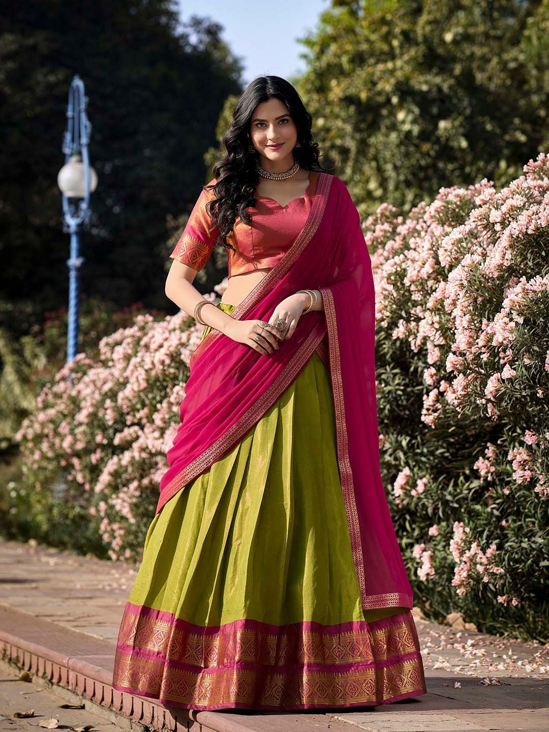 Lorenvalley Green Kanchipuram Zari Weaving Work Lehenga Choli with Dupatta | Swadesiicart