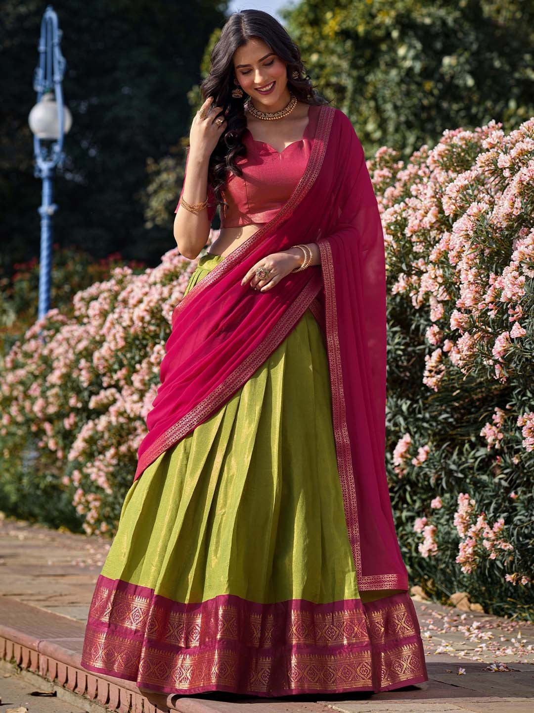 Lorenvalley Green Kanchipuram Zari Weaving Work Lehenga Choli with Dupatta | Swadesiicart