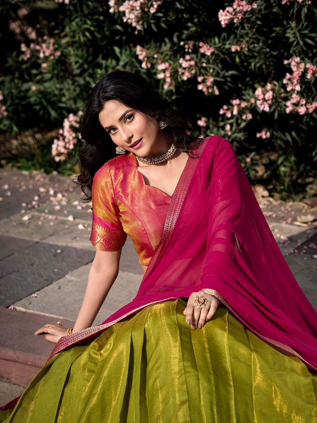 Lorenvalley Green Kanchipuram Zari Weaving Work Lehenga Choli with Dupatta | Swadesiicart