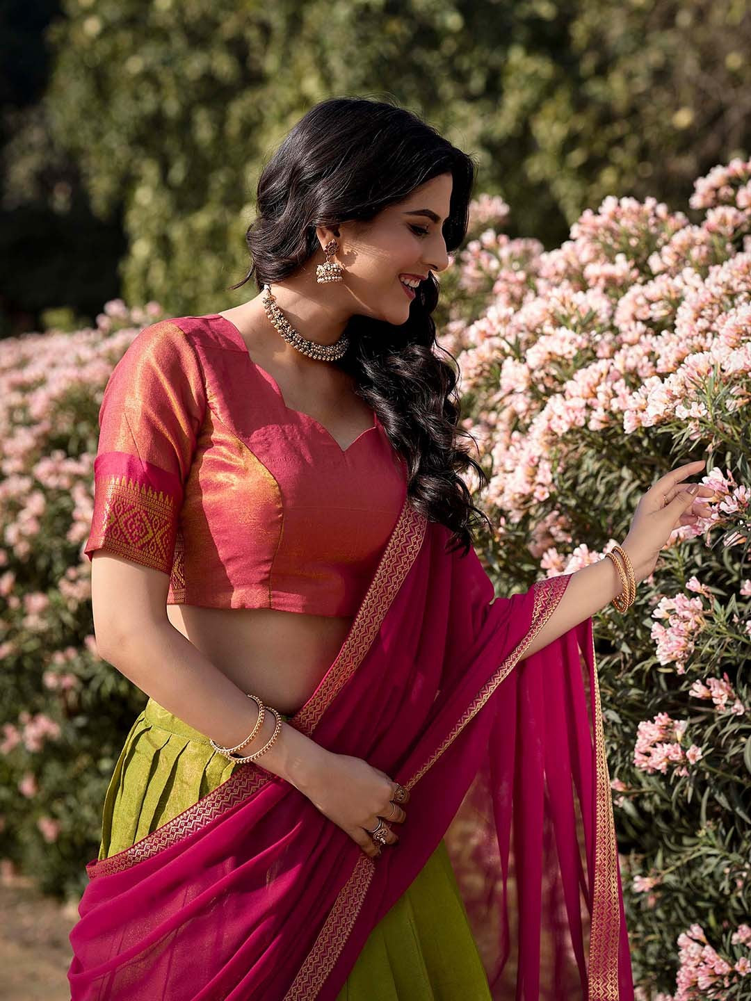 Lorenvalley Green Kanchipuram Zari Weaving Work Lehenga Choli with Dupatta | Swadesiicart