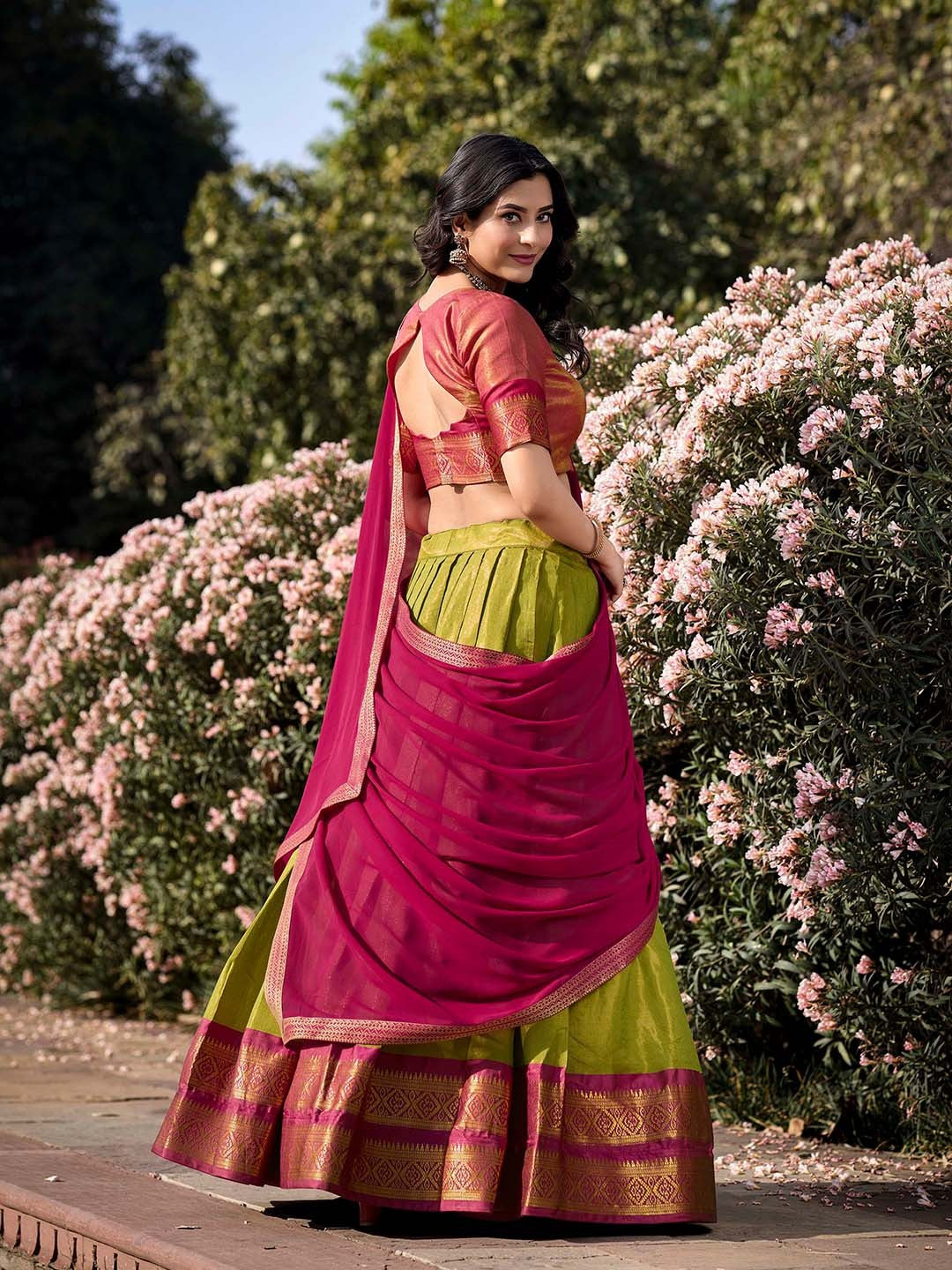 Lorenvalley Green Kanchipuram Zari Weaving Work Lehenga Choli with Dupatta | Swadesiicart