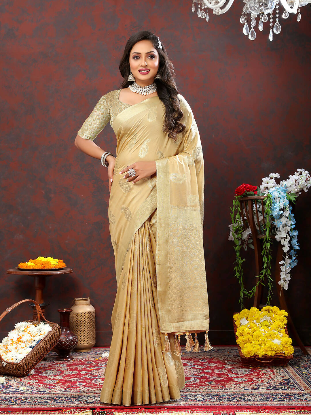 Lorenvalley Fashion Cream Cotton Woven Design with Zari Weaving Design Saree - Swadesiicart