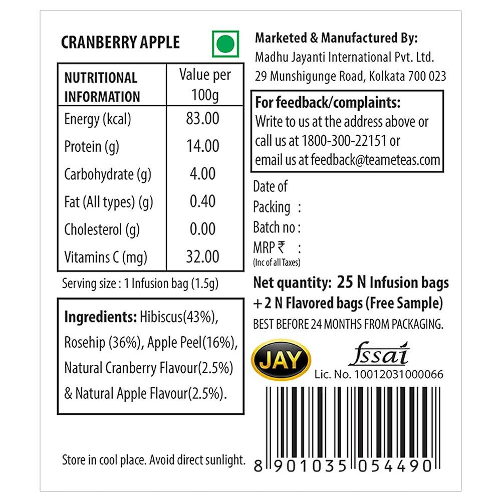TE-A-ME Cranberry Apple Cheer Infusion Tea Bags - Swadesiicart