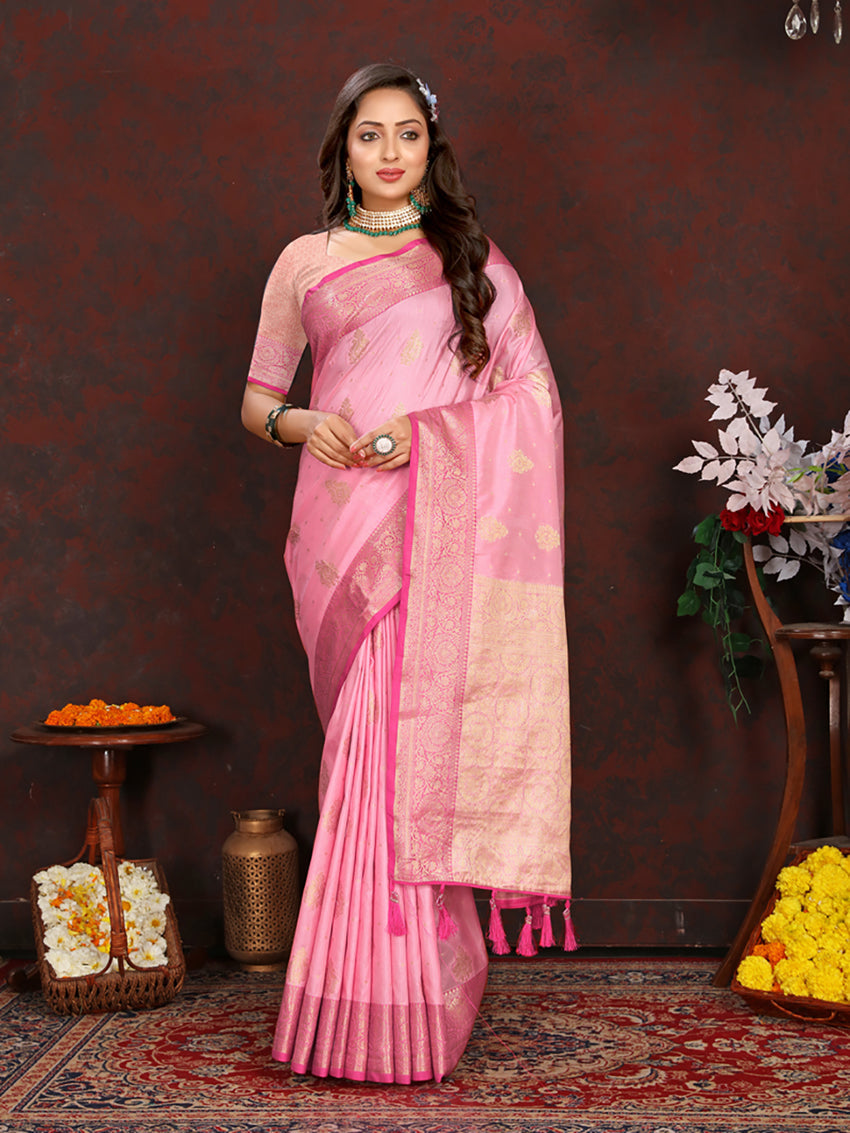 Lorenvalley Fashion Pink Soft Katan Silk Woven Design Zari Weaving Pallu Saree - Swadesiicart