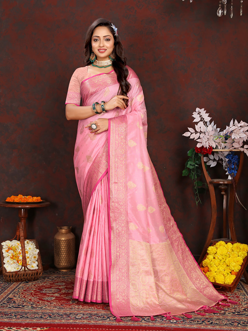 Lorenvalley Fashion Pink Soft Katan Silk Woven Design Zari Weaving Pallu Saree - Swadesiicart