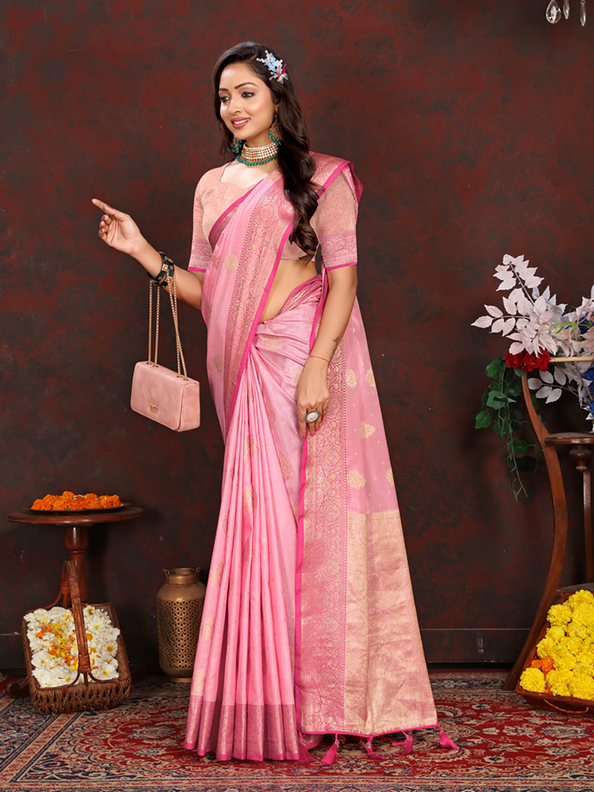 Lorenvalley Fashion Pink Soft Katan Silk Woven Design Zari Weaving Pallu Saree - Swadesiicart