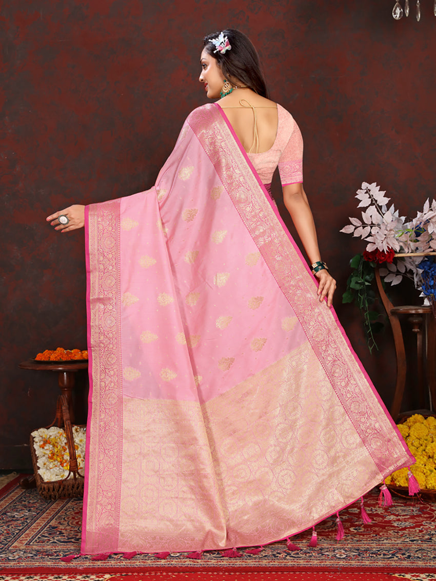 Lorenvalley Fashion Pink Soft Katan Silk Woven Design Zari Weaving Pallu Saree - Swadesiicart