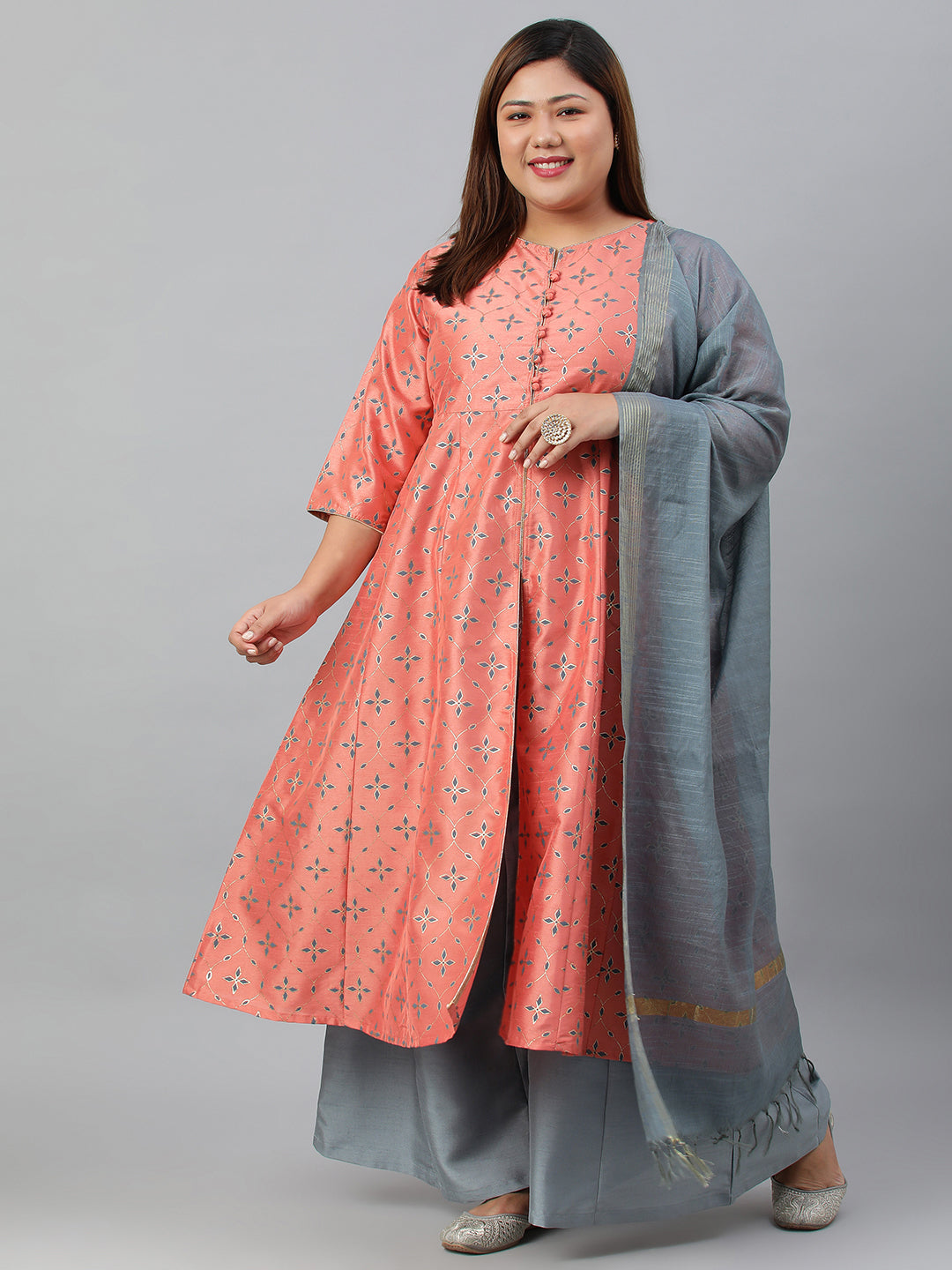 Janasya XL LOVE by Janasya Women's Plus Size Peach Poly Silk Kurta With Palazzo and Dupatta | Swadesiicart
