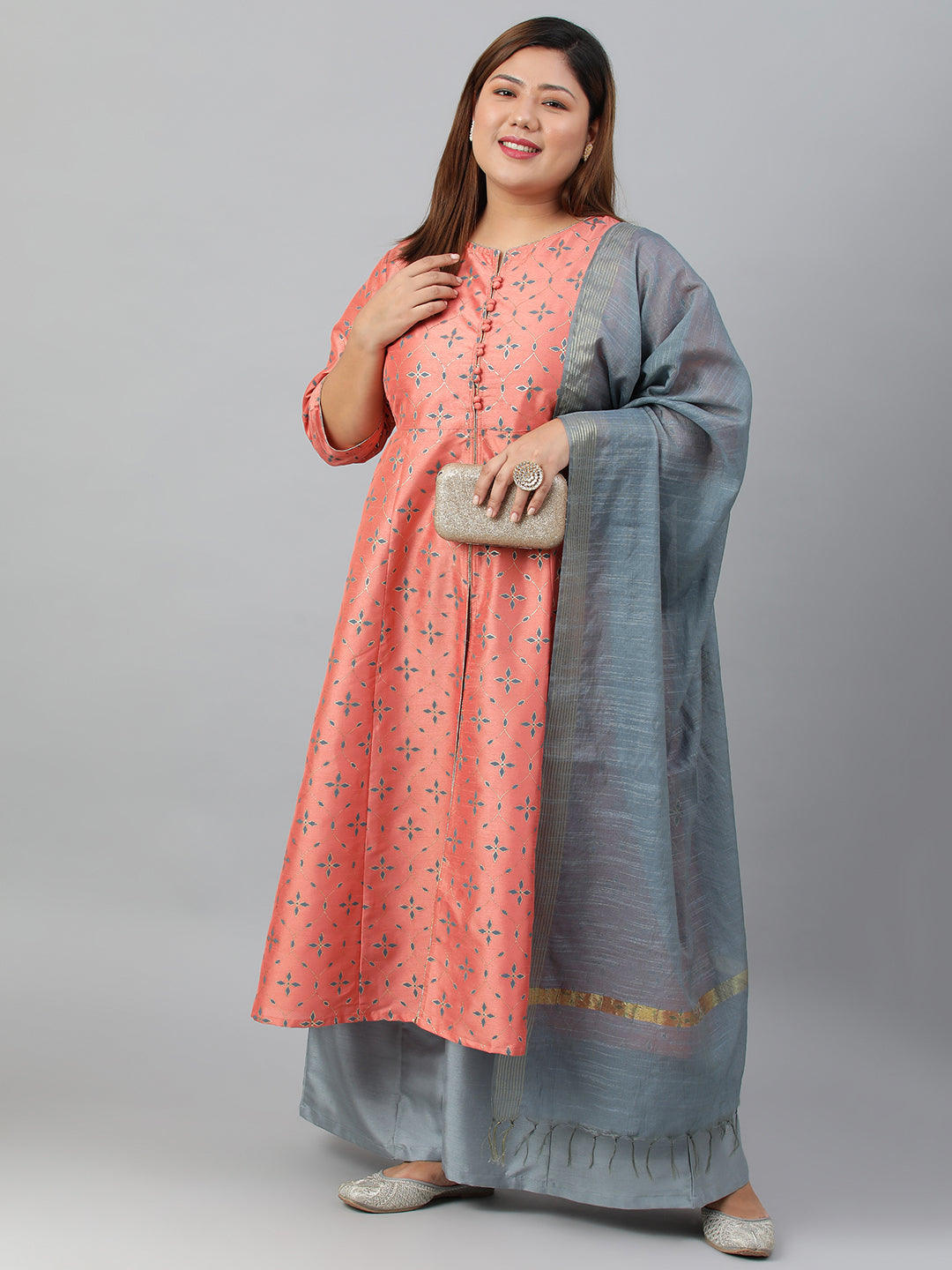 Janasya XL LOVE by Janasya Women's Plus Size Peach Poly Silk Kurta With Palazzo and Dupatta | Swadesiicart