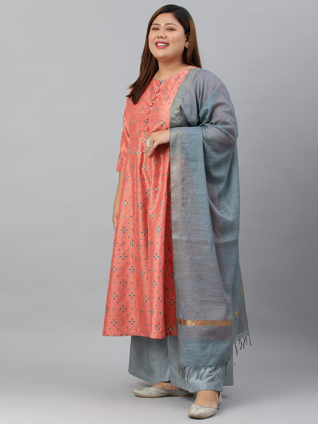 Janasya XL LOVE by Janasya Women's Plus Size Peach Poly Silk Kurta With Palazzo and Dupatta | Swadesiicart
