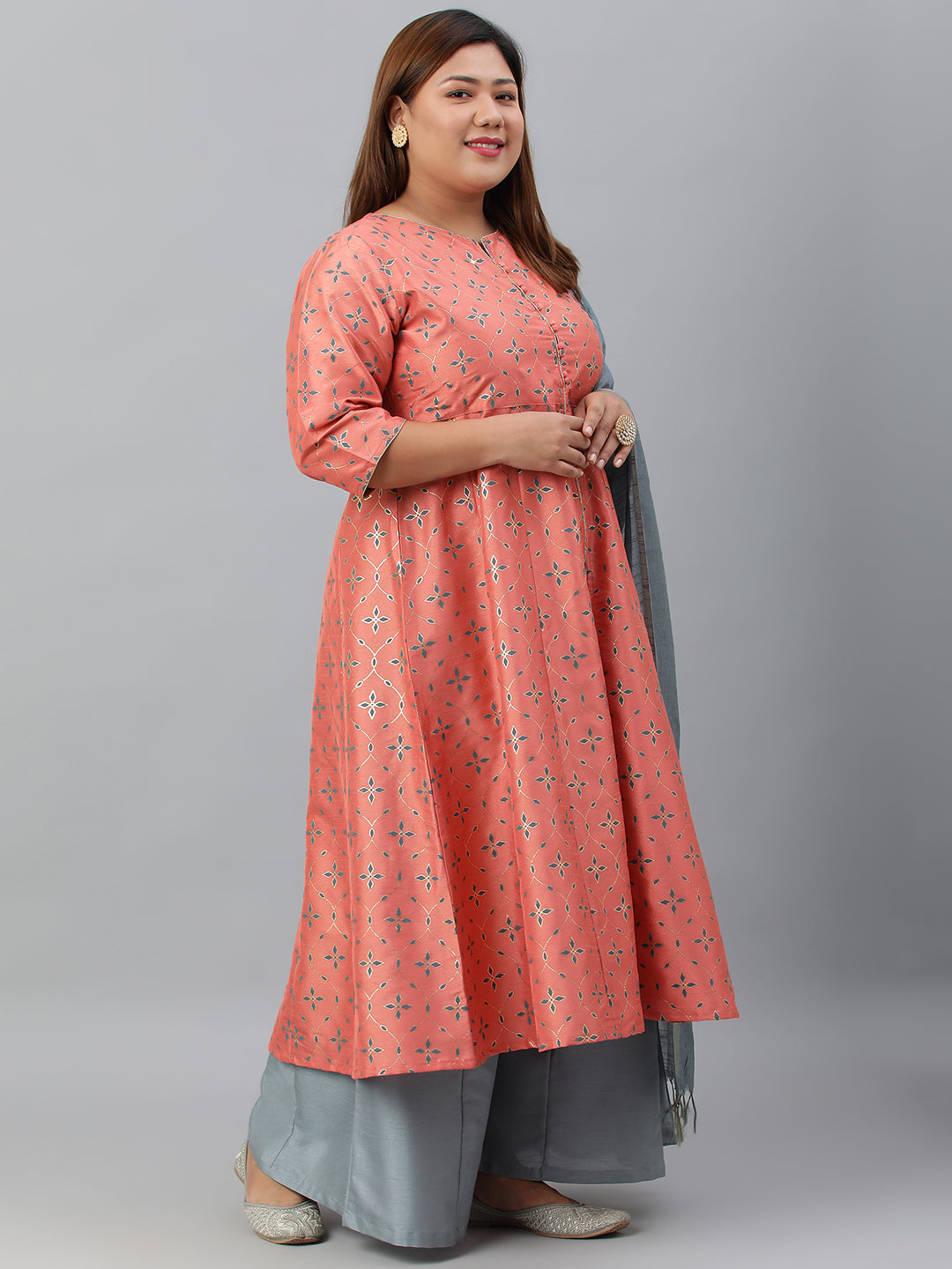 Janasya XL LOVE by Janasya Women's Plus Size Peach Poly Silk Kurta With Palazzo and Dupatta | Swadesiicart