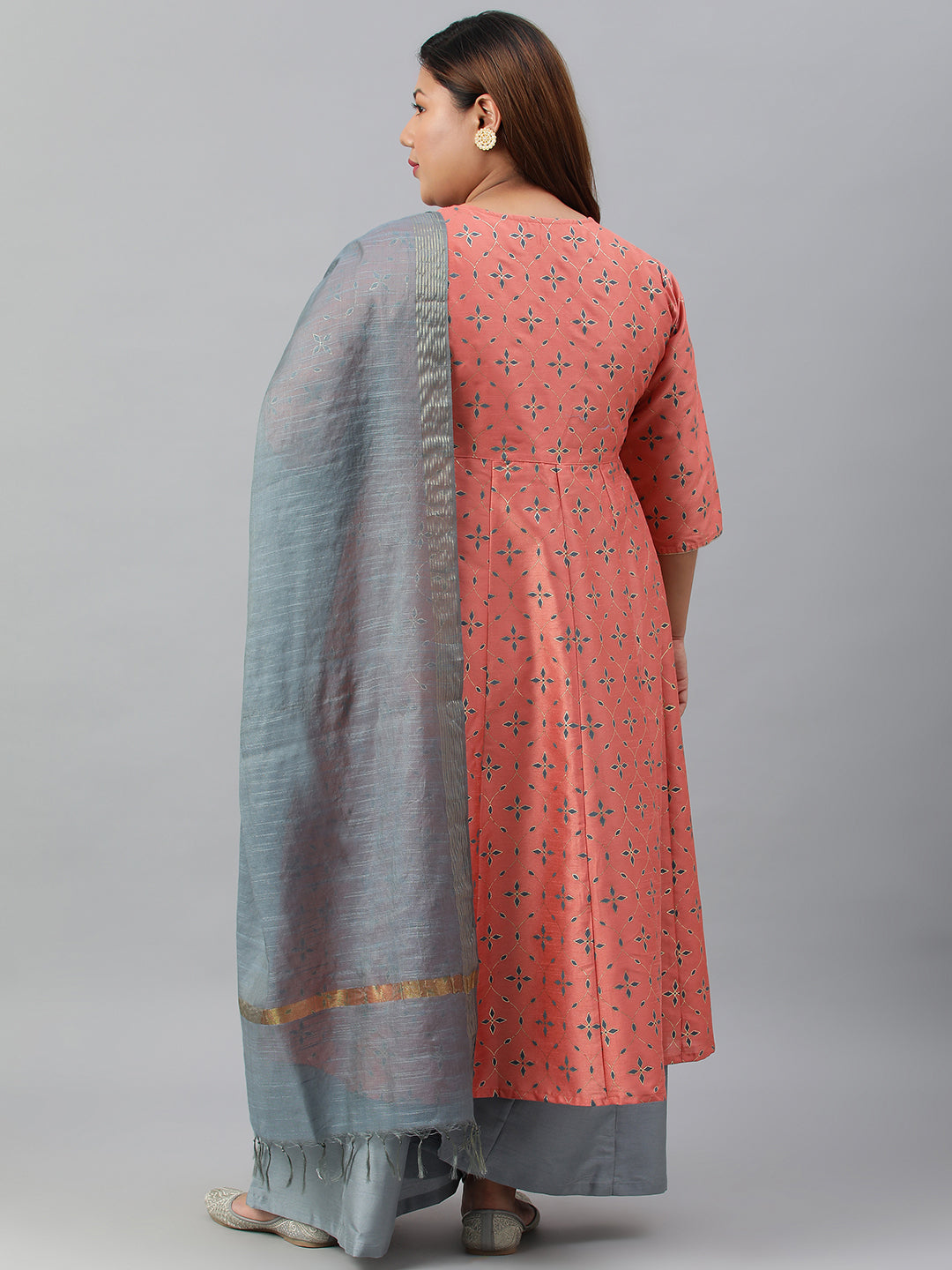 Janasya XL LOVE by Janasya Women's Plus Size Peach Poly Silk Kurta With Palazzo and Dupatta | Swadesiicart