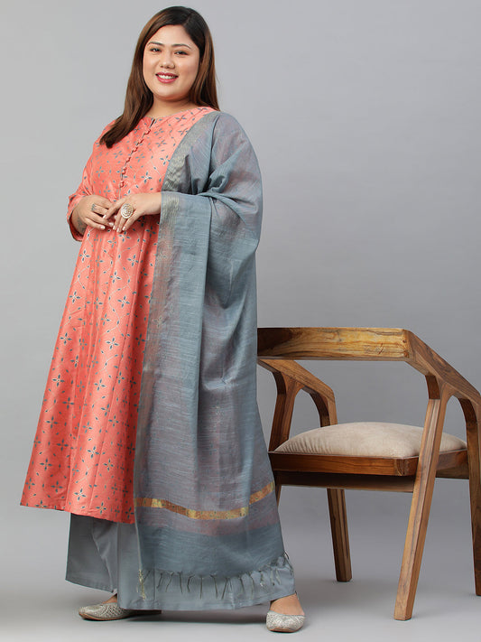 Janasya XL LOVE by Janasya Women's Plus Size Peach Poly Silk Kurta With Palazzo and Dupatta | Swadesiicart