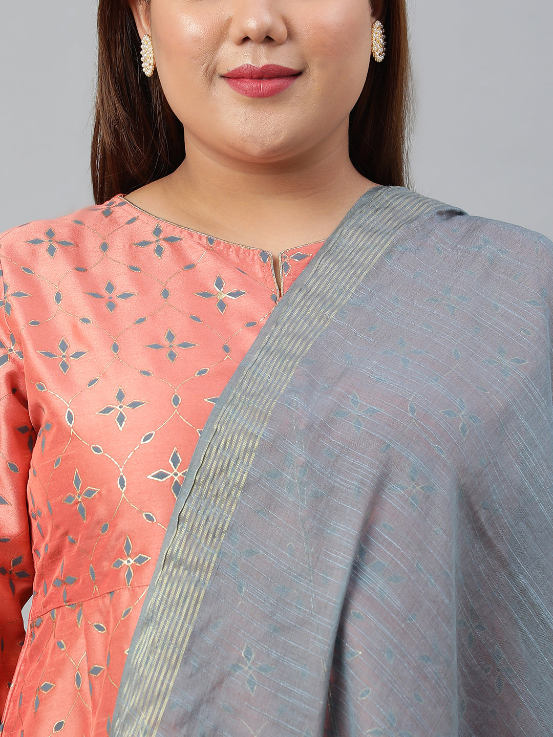 Janasya XL LOVE by Janasya Women's Plus Size Peach Poly Silk Kurta With Palazzo and Dupatta | Swadesiicart