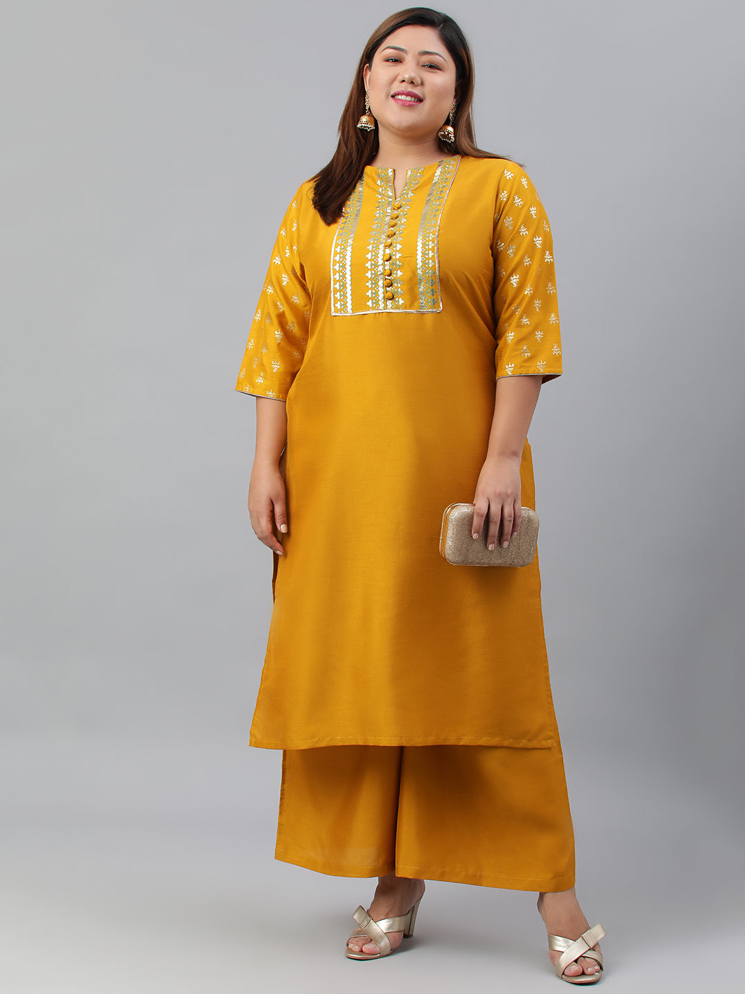 Janasya Women's Mustard Poly Silk Straight Party Kurta Set | Swadesiicart