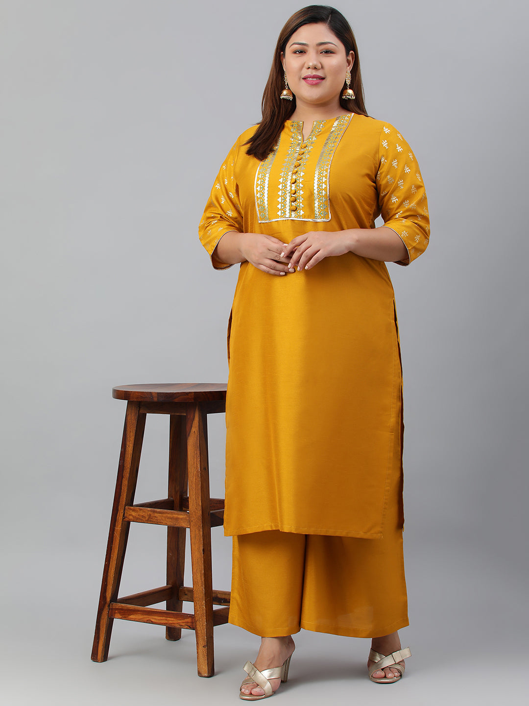 Janasya Women's Mustard Poly Silk Straight Party Kurta Set | Swadesiicart