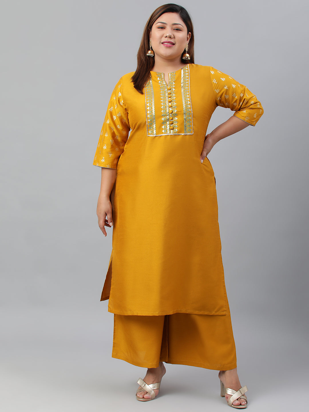 Janasya Women's Mustard Poly Silk Straight Party Kurta Set | Swadesiicart