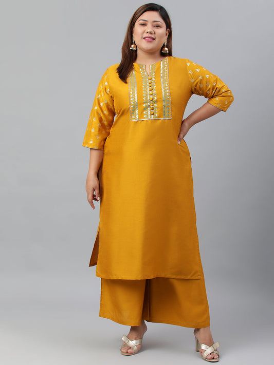 Janasya Women's Mustard Poly Silk Straight Party Kurta Set | Swadesiicart