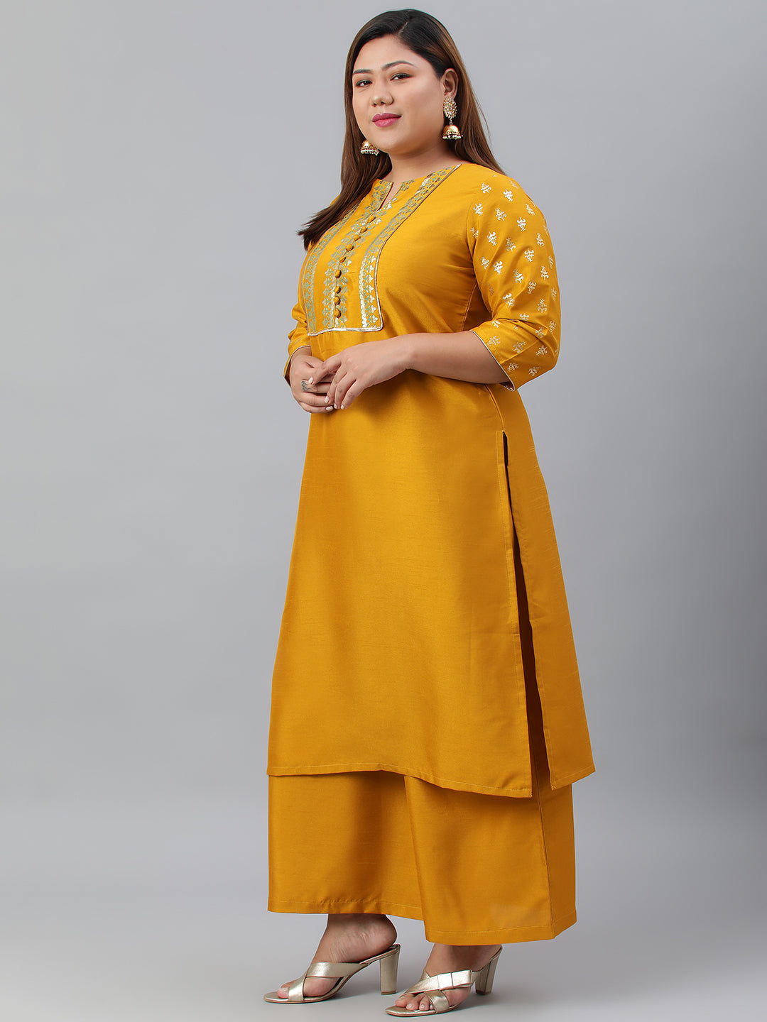 Janasya Women's Mustard Poly Silk Straight Party Kurta Set | Swadesiicart