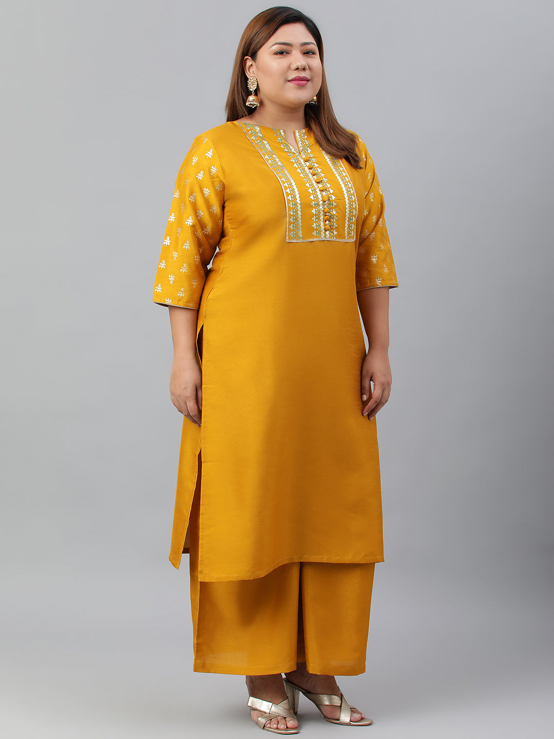 Janasya Women's Mustard Poly Silk Straight Party Kurta Set | Swadesiicart