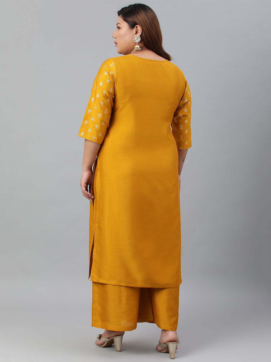 Janasya Women's Mustard Poly Silk Straight Party Kurta Set | Swadesiicart