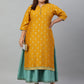 Janasya Women's Mustard Poly Silk Foil Print A-line Dress | Swadesiicart