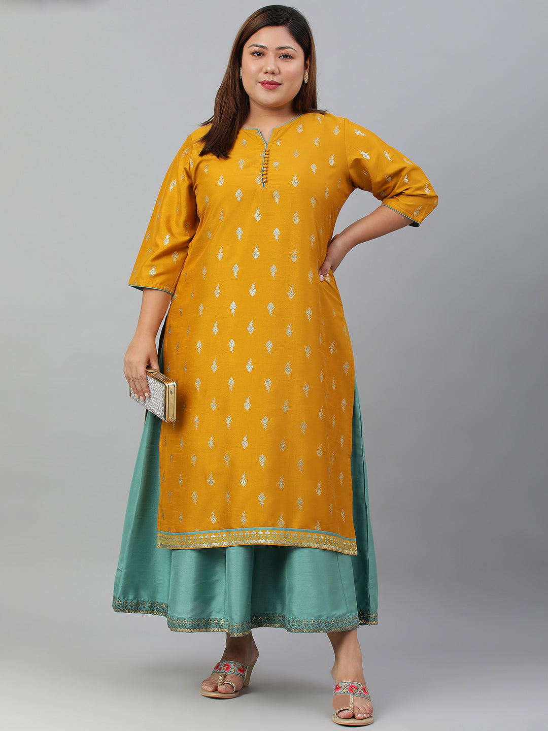 Janasya Women's Mustard Poly Silk Foil Print A-line Dress | Swadesiicart