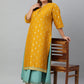 Janasya Women's Mustard Poly Silk Foil Print A-line Dress | Swadesiicart
