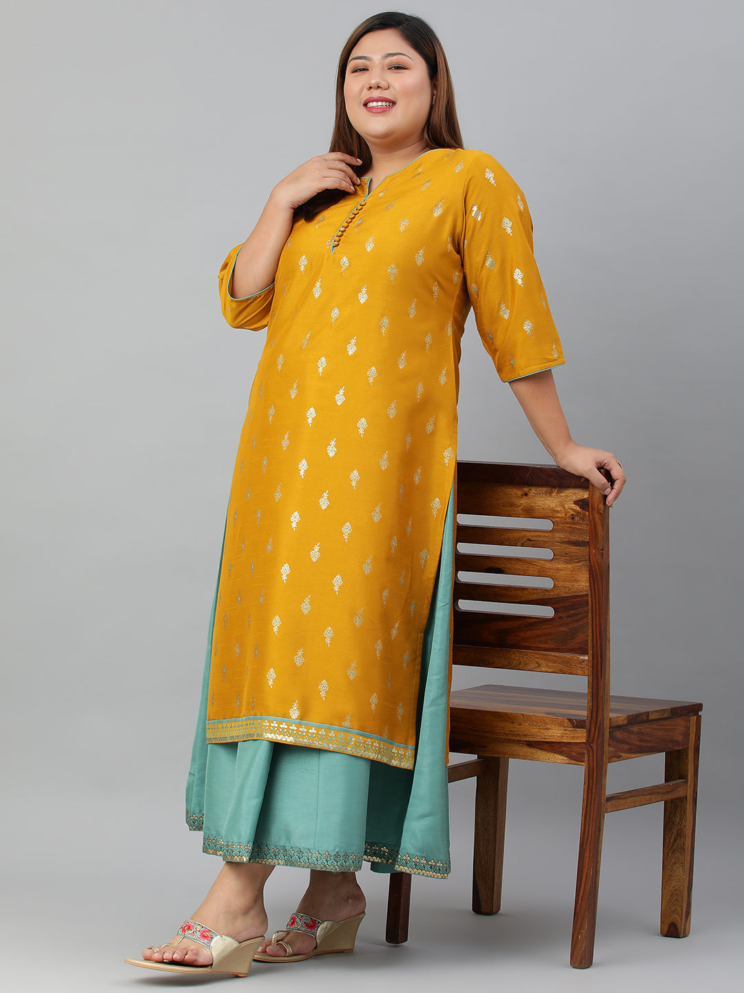Janasya Women's Mustard Poly Silk Foil Print A-line Dress | Swadesiicart