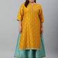 Janasya Women's Mustard Poly Silk Foil Print A-line Dress | Swadesiicart