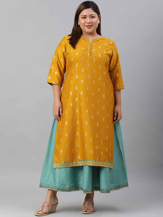 Janasya Women's Mustard Poly Silk Foil Print A-line Dress | Swadesiicart