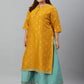 Janasya Women's Mustard Poly Silk Foil Print A-line Dress | Swadesiicart