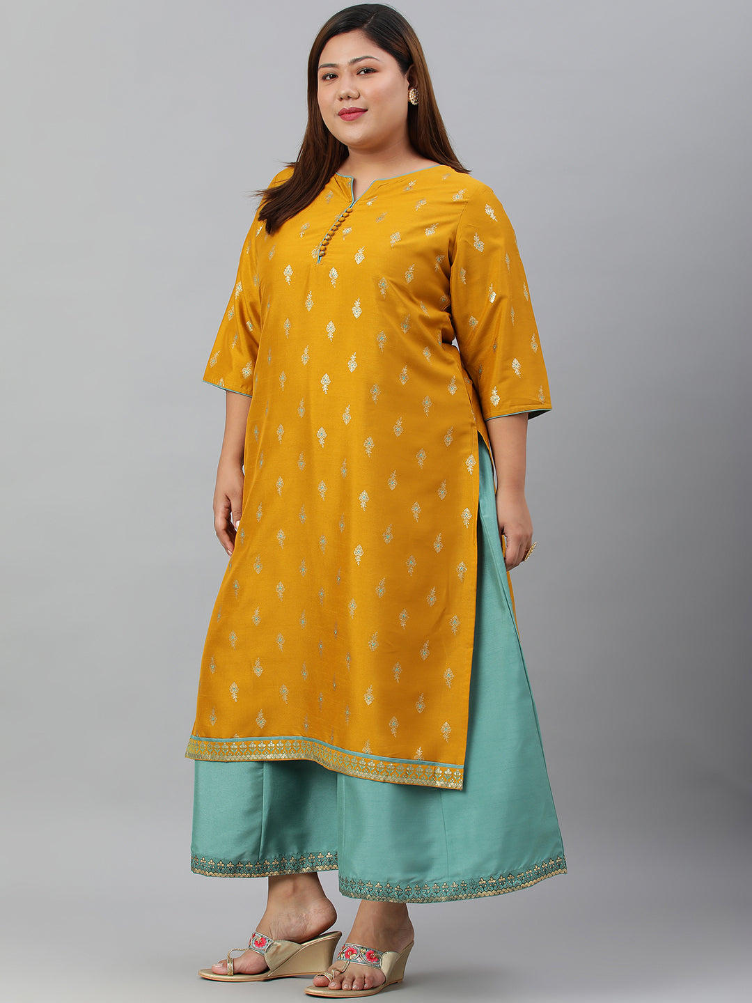 Janasya Women's Mustard Poly Silk Foil Print A-line Dress | Swadesiicart