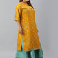Janasya Women's Mustard Poly Silk Foil Print A-line Dress | Swadesiicart