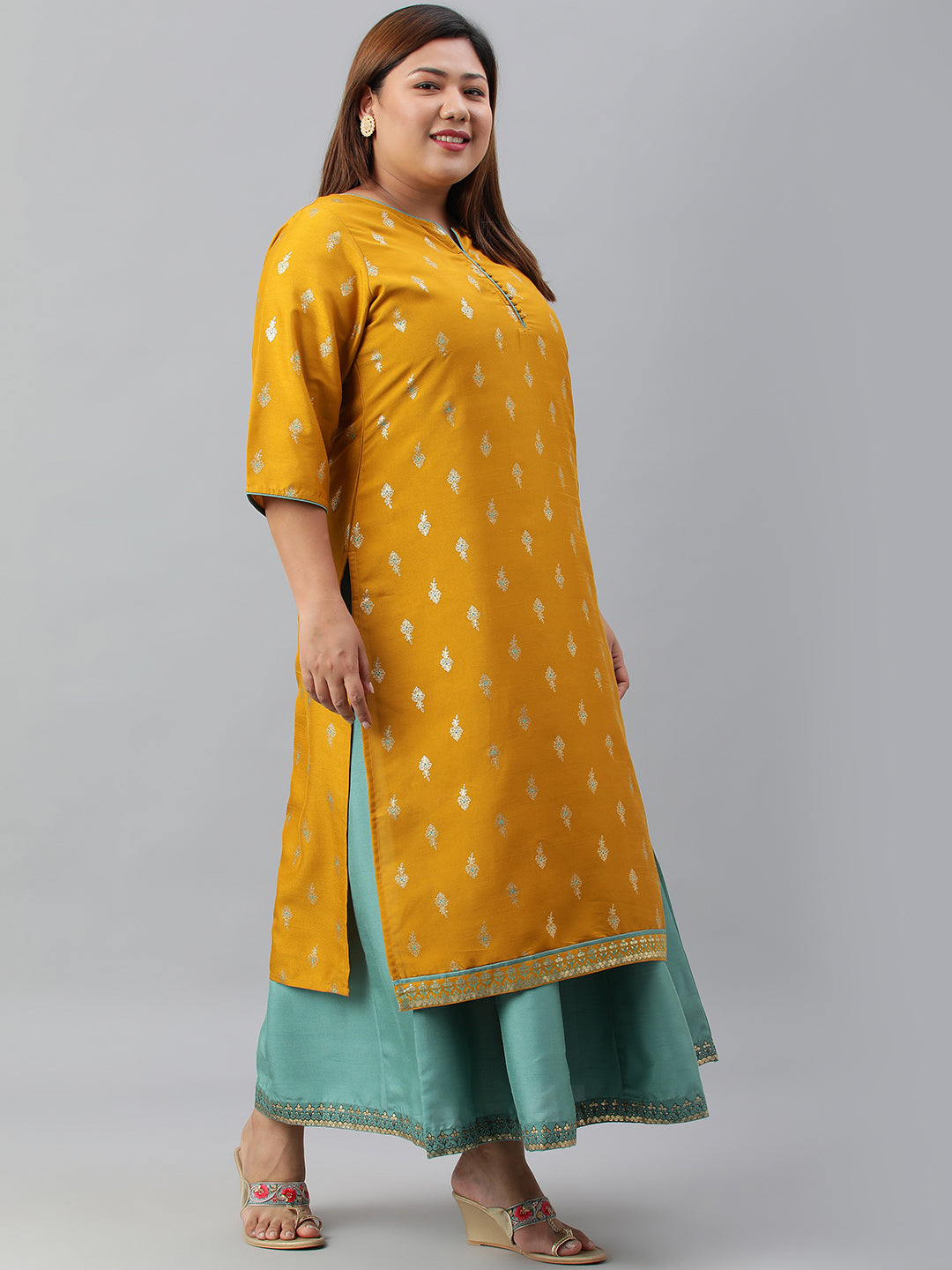Janasya Women's Mustard Poly Silk Foil Print A-line Dress | Swadesiicart