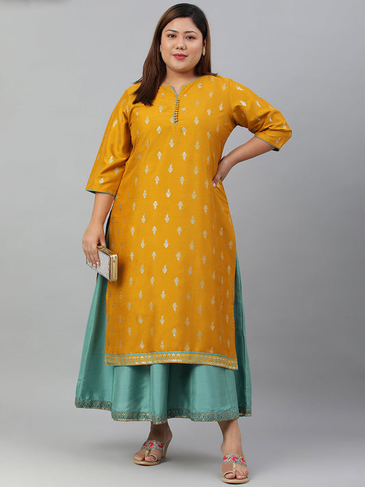 Janasya Women's Mustard Poly Silk Foil Print A-line Dress | Swadesiicart