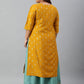 Janasya Women's Mustard Poly Silk Foil Print A-line Dress | Swadesiicart