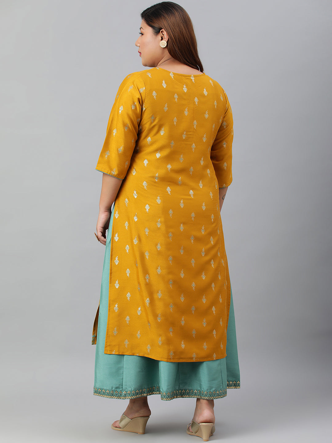 Janasya Women's Mustard Poly Silk Foil Print A-line Dress | Swadesiicart